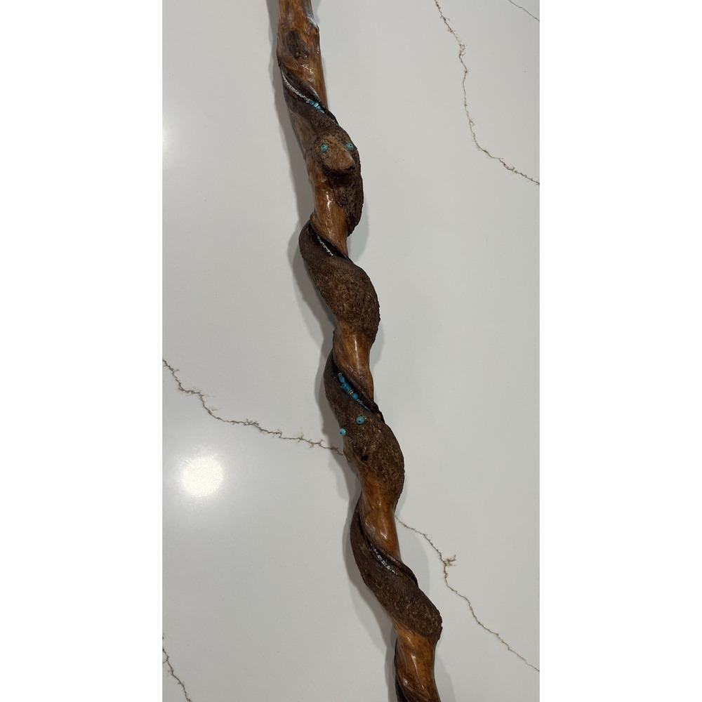 Hand Carved Wooden Walking Stick Spiral Cane with Turquoise Silver Inlay 51" - Picture 3 of 13